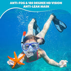 Youth Snorkel Set for Ages 7-16, Snorkeling Gear for Kids with Panoramic View Mask Anti-Fog Anti-Leak Full Dry Top Snorkel Fins Travel Bag for Swimming Diving