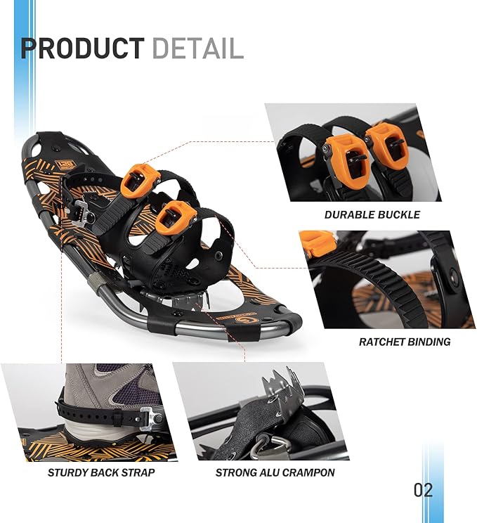 G2 21/25/30 Inches Light Weight Snowshoes for Women Men Youth, Set with Trekking Poles, Tote Bag, Gaiters,Special Fast Ratchet Binding, Orang/Blue/Red Available