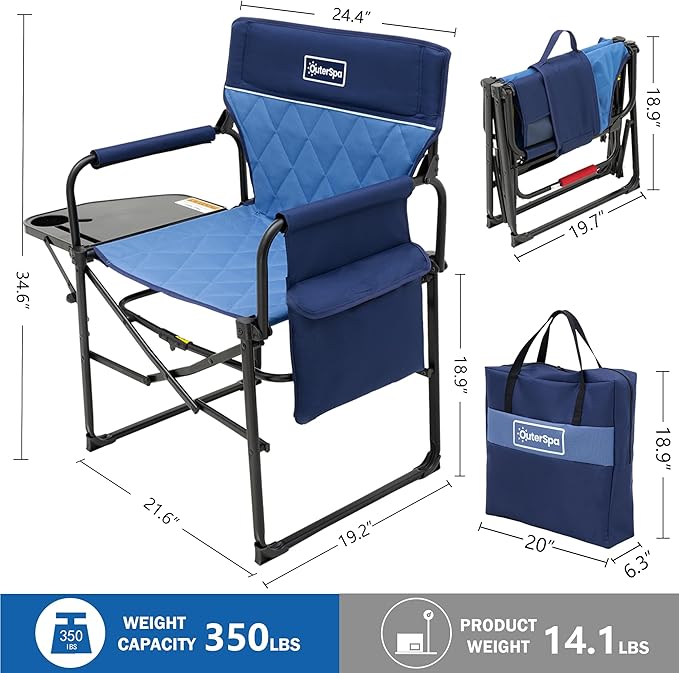 Camping Folding Chairs for Outside, Foldable Camp Chairs for Adults Heavy Duty, Oversized Directors Camping Chair with Table for Picnic, Lawn Large Comfy Camping Chair, 350 LBS Capacity, Blue