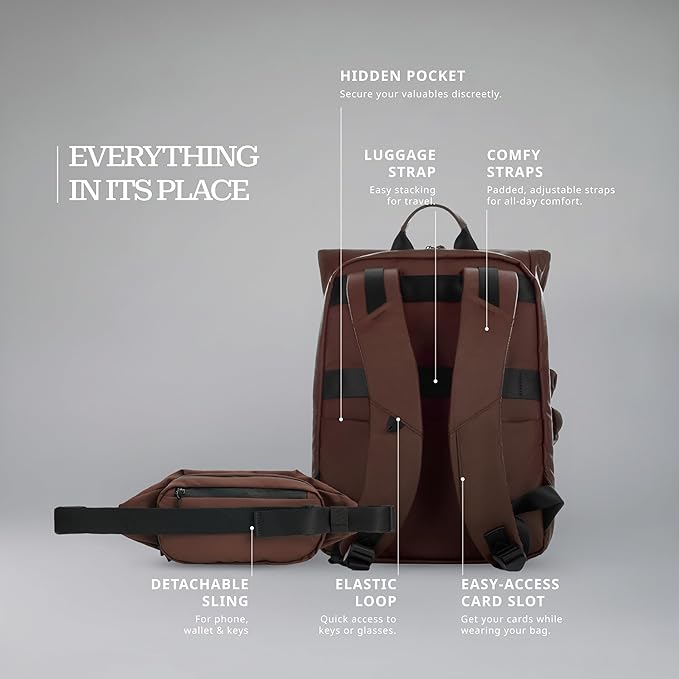 Verage Pulse 2-in-1 Roll Top Laptop Backpack 16″ with Detachable Everyday Sling Bag, Personal Item Size, Expandable Water-Resistant Travel Backpack for Airplane, Work & Daily Commute – Brown