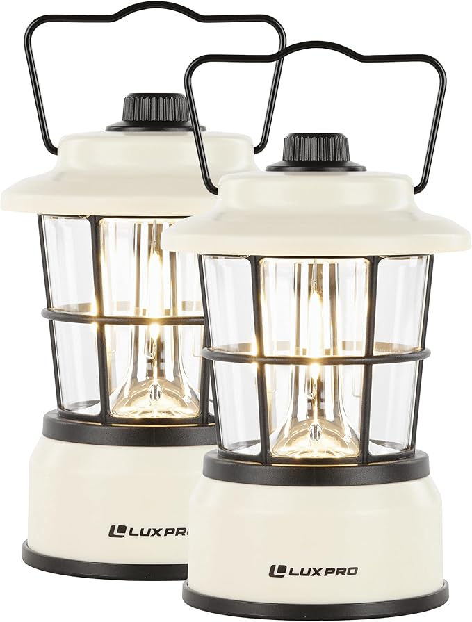 LUXPRO Retro LED Lantern - Battery-Powered Emergency Lantern - Water Resistant - Bright LED Lamp for Indoor & Outdoor Use - Use for Tents, Hiking or Hurricane Prep (Beige, Pack of 2)
