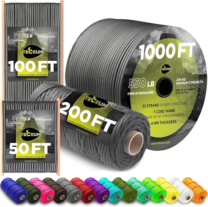 TECEUM 5/32" Paracord Rope 1000 – 1000ft / 200ft / 100ft / 50ft – Tactical Parachute Cord 4mm – 45+ Colors – Nylon String for Survival & Camping Gear – Stripe Cord for Survival – Utility Rope