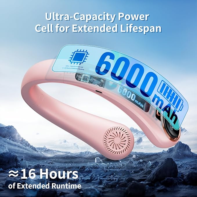 Portable Neck Fan with 6000mAh USB - Rechargeable Battery, 360° Cooling Wearable Fan, 3 Speeds, Ultra-Light Bladeless Neck Fan LED Display (Pink)