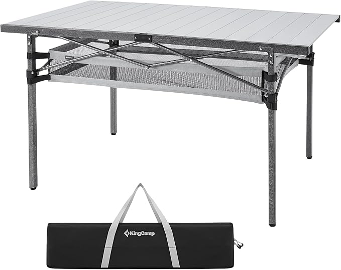 KingCamp Folding Camping Table, Aluminum Roll-Up Camp Table, Large Foldable Table for 6-8 Person, Outdoor Portable Tables with Carry Bag, 180 LBS Heavy Duty Load (Silver+Mesh：53.5"x27.5")