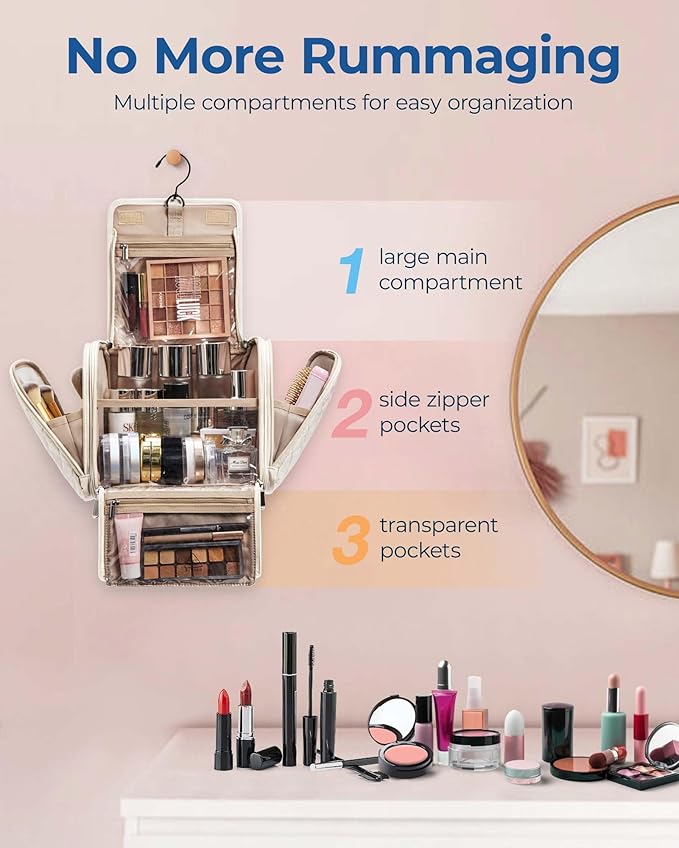 BAGSMART Toiletry Bag for Women, Travel Toiletry Bag Makeup Cosmetic Bag with Hanging Hook, Water-resistant for Toiletries Accessories Brushes Sponge