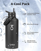 Trebo Water Bottle 87 oz with Paracord Handle, Double Wall Vacuum Stainless Steel Insulated Water Jug (Keep Cold 48hrs),Leakproof Flask For Hot Drinks with Straw Spout Lids, Black