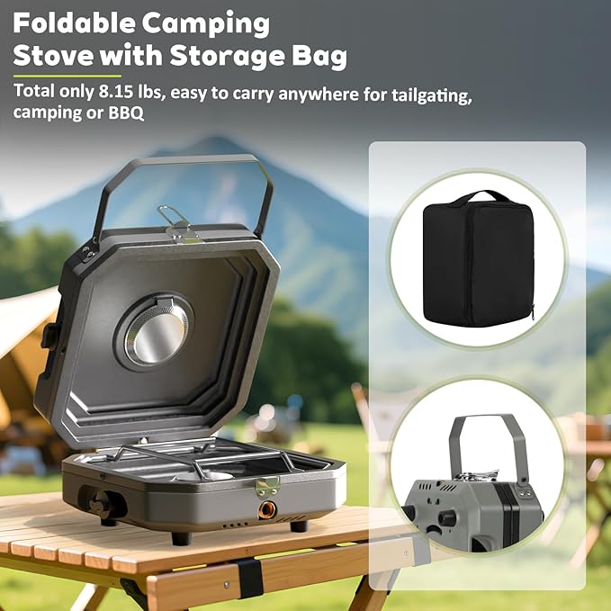 Portable 2 Burner Camping Stove with Handle, 16,000 BTU Foldable Propane Camping Stove with Grill and Carry Bag, Adjustable Burners&Flame-out Protection, Portable Camp Stove for BBQ, Tailgating, Grey