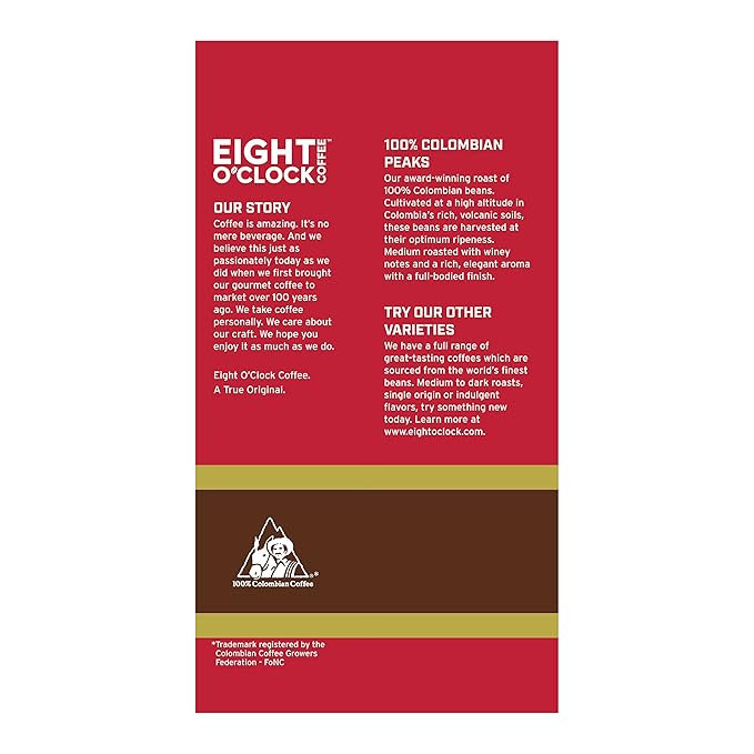 Eight O'Clock Coffee 100% Arabica Colombian Peaks, Medium Roast, Ground Coffee, Kosher Certified, 20 Oz (Pack of 2)