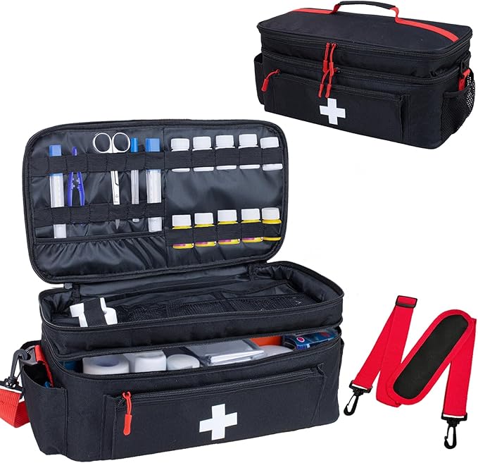 First Aid Bag Empty Large Medical Bag with Shoulder Strap 16”x 9.5” x 7” Medicine Organizer Travel First Aid kit Emergency Supplies Storage Bag for Car, Home, Office, Outdoor (Black)