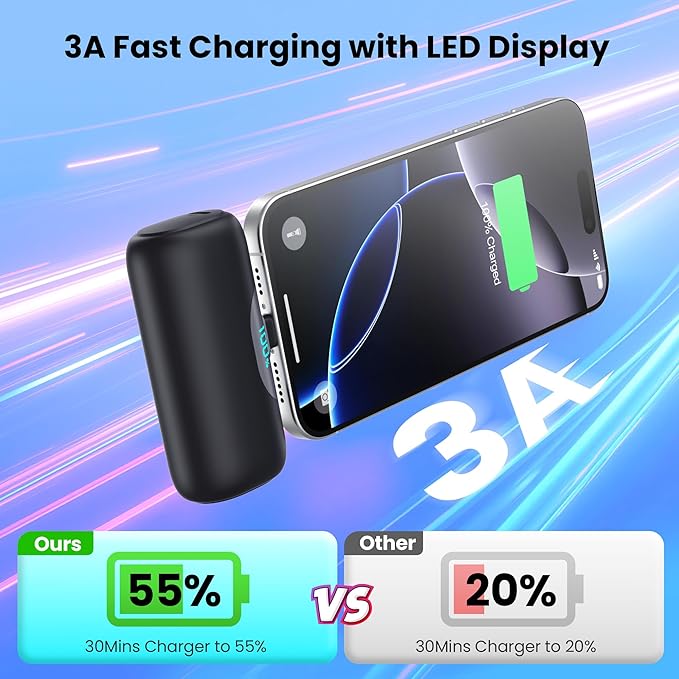 Mini Portable Charger for iPhone 17/16, 5500mAh LCD Display USB C Power Bank,Fast Phone Charging Travel Pocket Size Battery Pack for iPhone 17/17 Pro/17 Pro Max/Air/16/15 Series,Android,etc-Dark Black