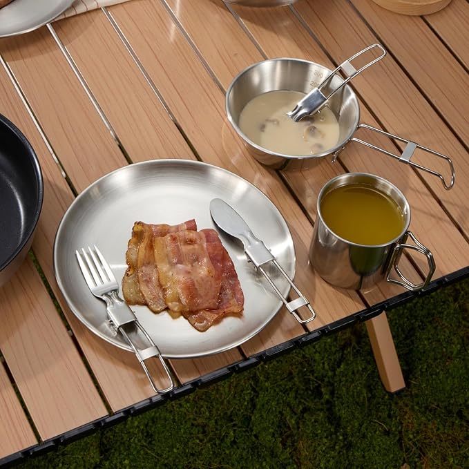 Camping Cookware Set 304 Stainless Steel 16-Piece Pots & Pans,Kettle, Storage Bag,Plates, Bowls, Knives, Forks, Spoons,Compact for Outdoors & Indoors Kitchen Campfire Hiking