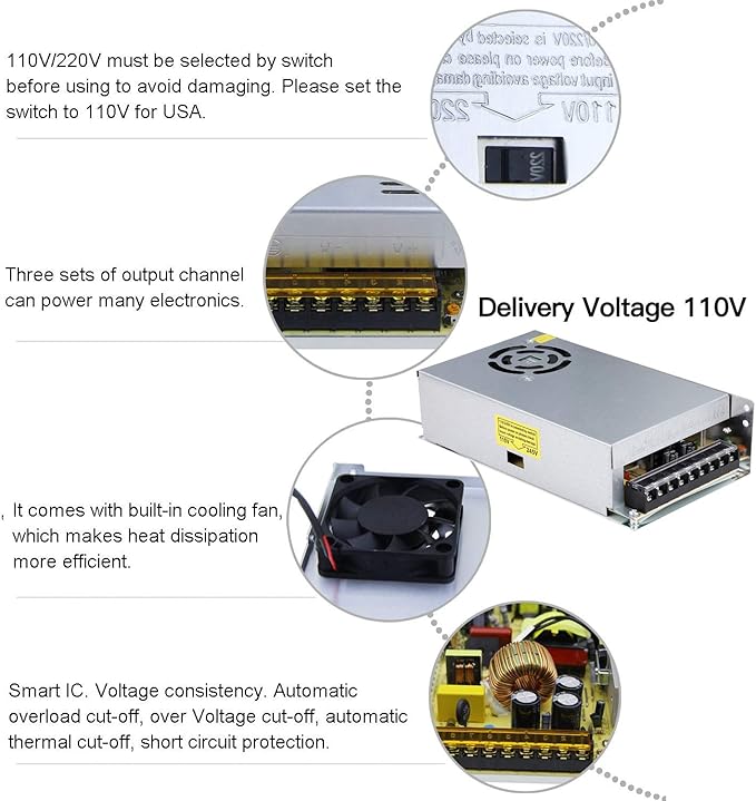 20A 250W 12V DC Power Supply, Universal Regulated Switching AC 110V/220V to DC Converter (SMPS) Transformer Driver Adapter for LED Strip Lights, CCTV Camera System, 3D Printer, Radio, Computer Project