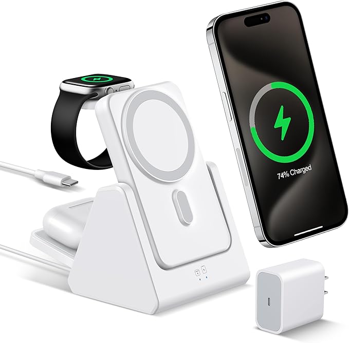 3-in-1 Wireless Charging Station: Portable 5000mAh Power Bank Charger Compatible for Phone Air/17/16/15/14/13/12 Series and Watch - Detachable Magnetic Charging Stand White