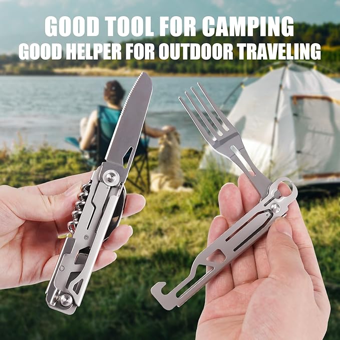 Portable 5-in-1 Camping Utensils - Detachable Travel Utensils Flatware Set - Compact Camping Multitool With Spoon, Fork, Knife, Bottle Opener - Great for Outdoor Adventures (Stainless Steel)