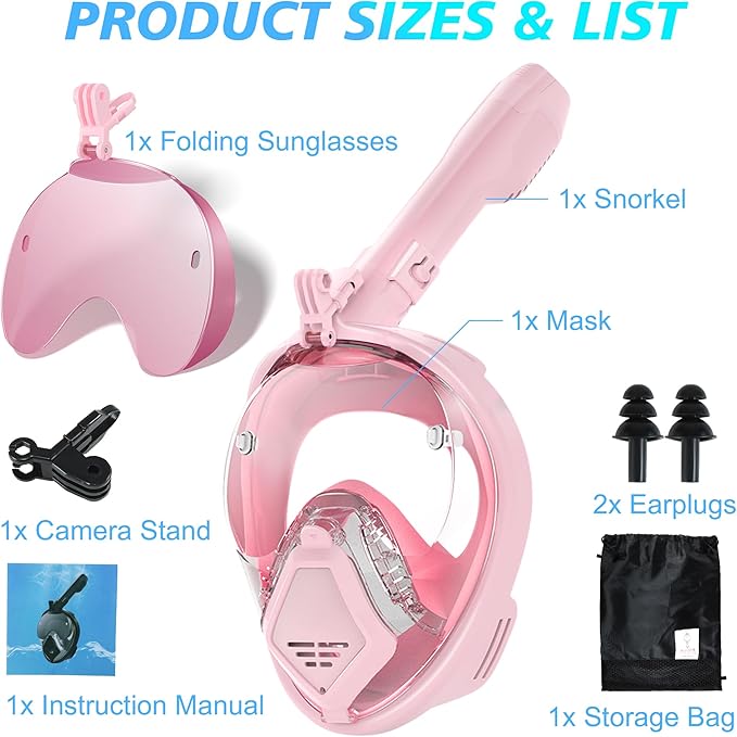Devilfish Full Face Snorkel Mask Adults, Dry Top System Snorkeling Set with Foldable Sunglasses, 180 Degree Panoramic View Snorkel Gear, Scuba Diving Masks Anti-Leak & Anti-Fog