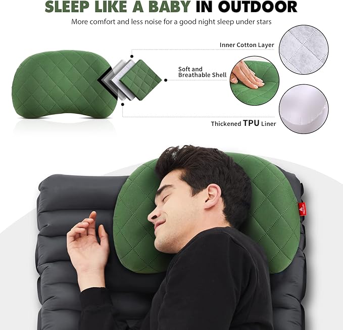 Hikenture Camping Pillow Inflatable, Washable Backpacking Pillow for Sleeping, Ultralight Blow Up Pillows with Removable Cover, Portable&Compact Hiking Pillow for Beach, Travel, Outdoor(Green)