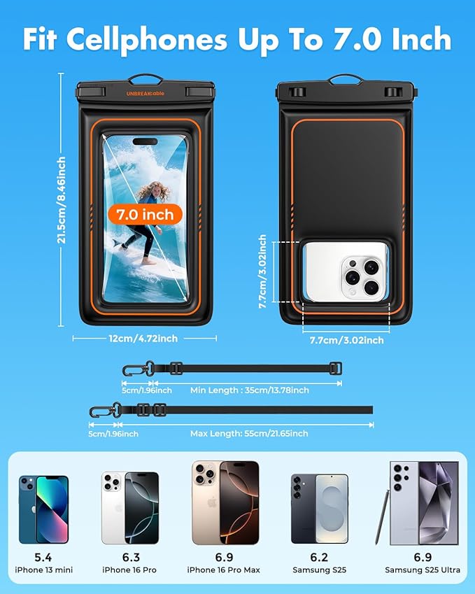 UNBREAKcable Floating Waterproof Phone Pouch 2 Pack, IPX8 Waterproof Phone Case Dry Bag Kayak/Beach/Cruise Travel Essentials, Water Proof Pouch for iPhone 17 16 15 Pro Max, Samsung S25 Ultra S24-7"