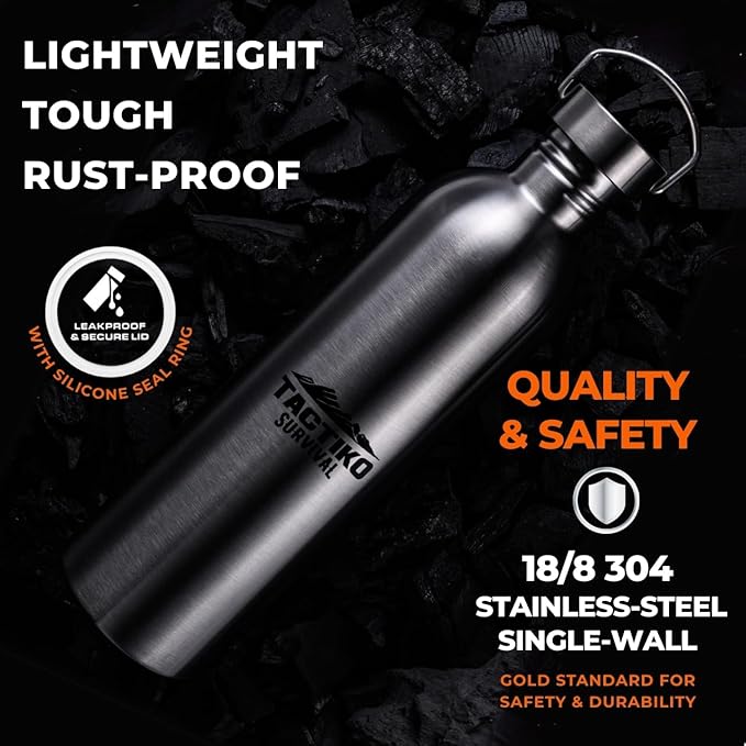 Tactiko Survival Stainless Steel Wide Mouth Water Bottle, Single Wall Boil-Safe, Leakproof, BPA-Free with Carry Sleeve and Strap for Camping, Hiking, Outdoor Prep (Black, 51 oz / 1500 ml)
