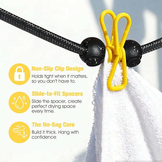 Clothesline Camping Essentials, Elastic Travel Clothes Line Camping Gear for Outdoor Glamping, Cruise and RV Must Haves, 3 Count
