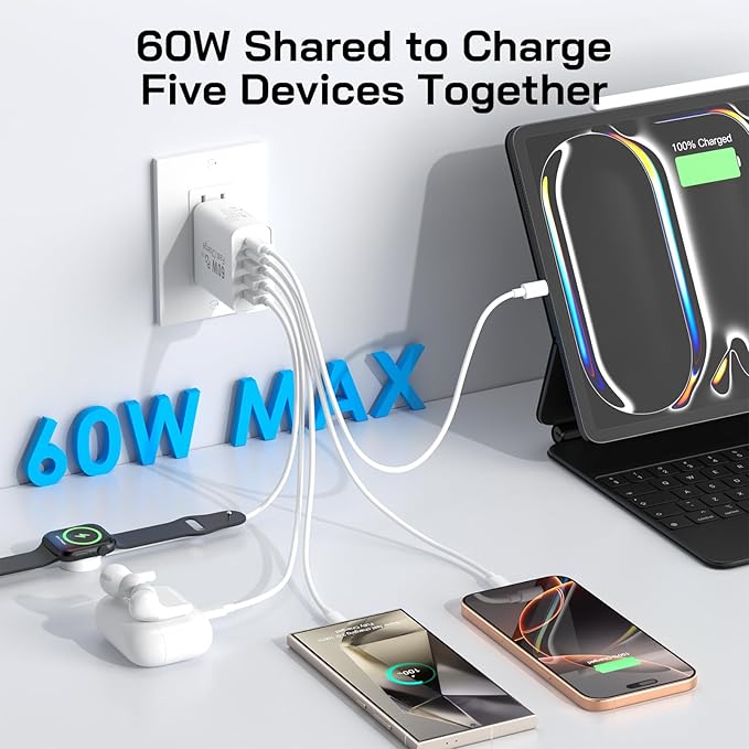 2Pack USB C Fast Charger Block, 60W 5-Port USB C Wall Charger with 6.6FT USBC to USBC Cord, 2USB C+3USB A PPS/PD 3.0 Multiport Charging Cube for iPhone 17 16 15 Pro Max,for Galaxy S25 S24 Ultra,i Pad