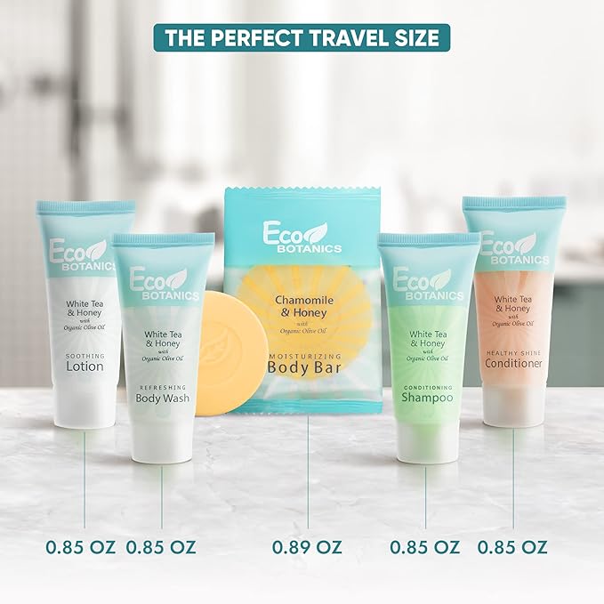 Travel Size Hotel Toiletry Set 75 Count 0.85 oz Bottles Guest Amenities for Airbnb Vacation Rentals and Short Term Rentals Paraben Free White Tea Scent Infused with Aloe and Olive Oil by Eco Botanics