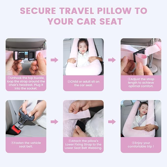 Car Pillow for Kids, Professional Inflatable Kids Car Pillow for Sleeping Carseat Travel - Safe, Reliable - Inflatable Travel Pillows for Kid Adult Car Seats Pink