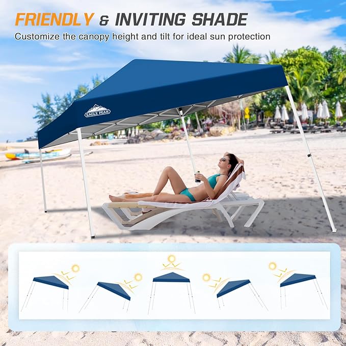 EAGLE PEAK 10x10 Slant Leg Pop-up Canopy Tent Easy One Person Setup Instant Outdoor Beach Canopy Folding Portable Sports Shelter 10x10 Base 8x8 Top (Dark Blue)