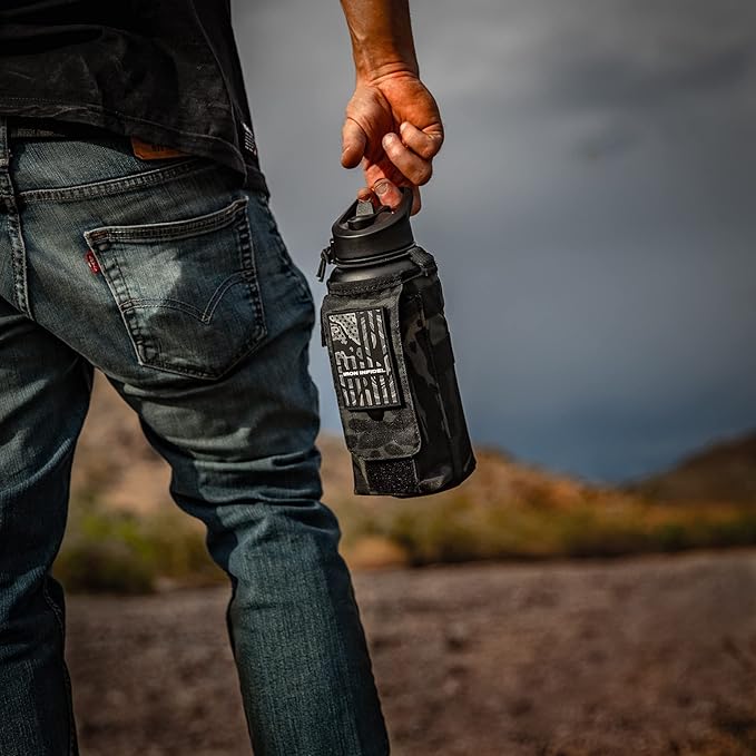 Iron Infidel Battle Bottle - 32 Oz Insulated Water Bottle with Straw Lid & Chug Cap, Stainless Steel Metal Tactical Flask With Rugged, Removable Sleeve for Keys & Phone or Wallet (Black Camo 1 Liter)