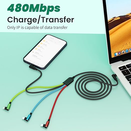 Travel Vacation Essentials USB C Multi Charging Cable, Right Angle 4 in 1 Charging Cable, Phone Charger Cords with IP/Type C/Type C/Micro Port, Compatible with Most Cell Phones and More（1Pack 5FT）