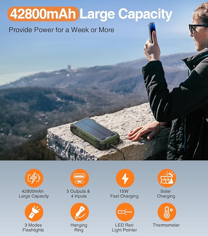 Solar Power Bank 42,800mAh, 15W Wireless Portable Charger with Built-in Cables, Outdoor Solar Battery Pack with LED Flashlight, Fast Charging for iPhone, Samsung, iPad etc