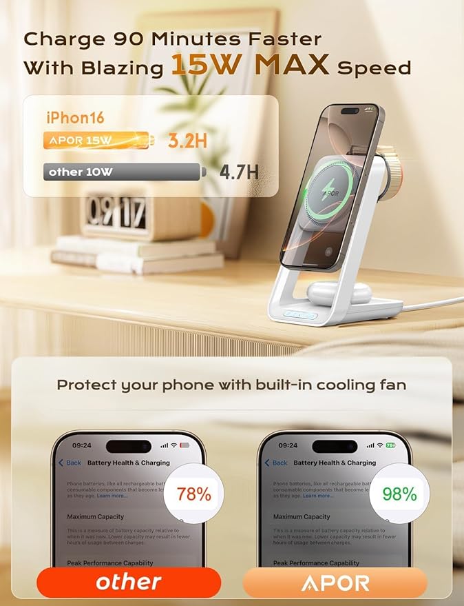 3 in 1 Charging Station for iPhone, Magsafe Wireless Charger with Cooling Fan for iPhone 16 15 14 13 12 Series & Apple Watch Charger 10/Ultra 2, Wireless Charging Station for AirPods 4/3/Pro