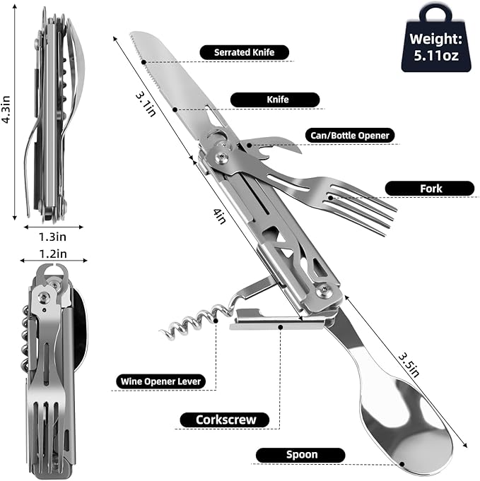 Portable 5-in-1 Camping Utensils - Detachable Travel Utensils Flatware Set - Compact Camping Multitool With Spoon, Fork, Knife, Bottle Opener - Great for Outdoor Adventures (Stainless Steel)