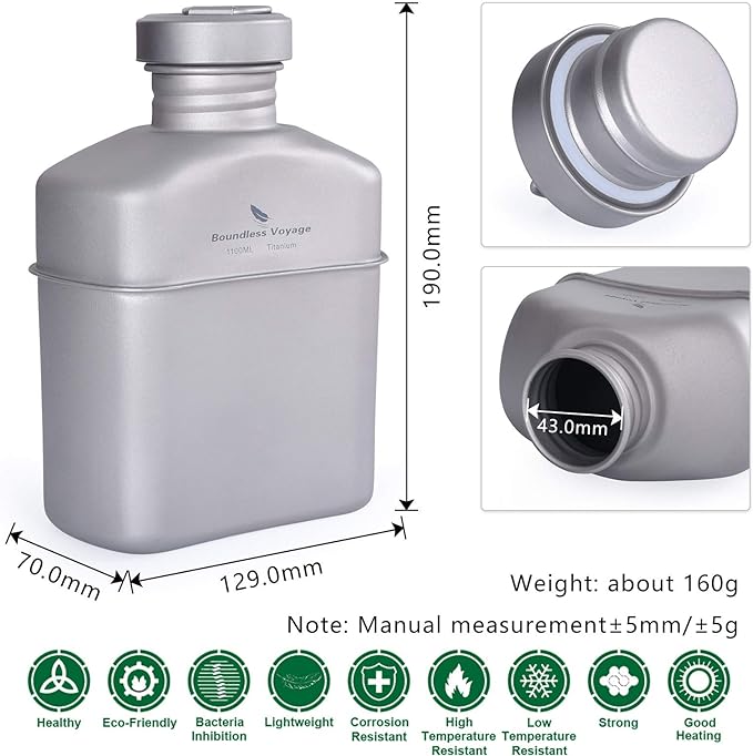 Boundless Voyage 1100ml Titanium Military Canteen Lightweight Camping Water Bottle with Storage Bag, BPA-Free Outdoor Hydration for Hiking, Backpacking & Survival Gear Ti2047C
