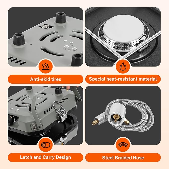 Adjustable 2-Burner Portable Stove with 16000 BTU, with Camping Grill and Carrying Bag, Portable Propane Camp Stove with 2 Burners & Piezo Ignition for Camping, Backyard BBQ,Tailgating (Green)