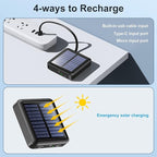 Solar Power Bank 12000mAh,Small Solar Charger Built in 4 Cables,USB C Input/Output,Dual Flashlight External Battery Portable Charger Power Bank for iPhone,Tablet,Samsung
