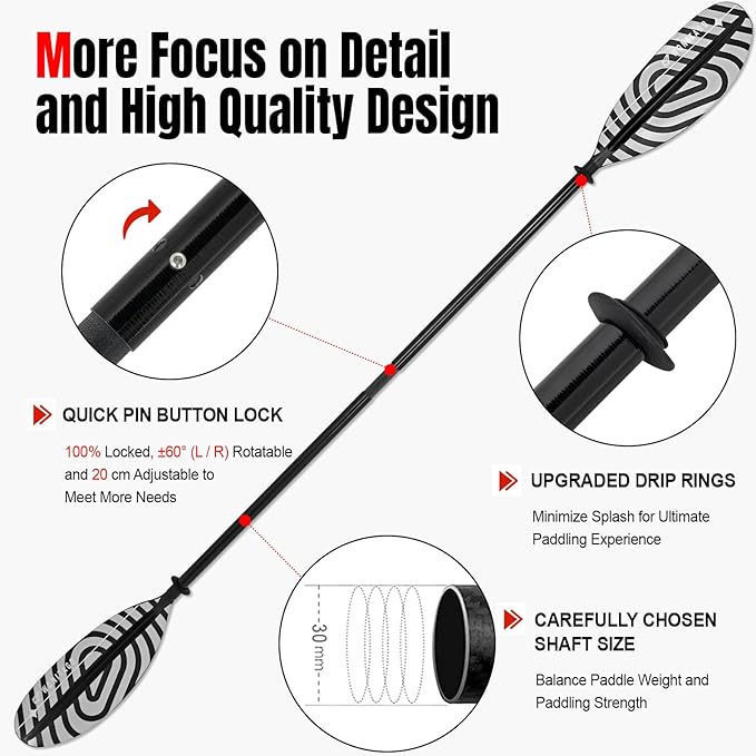 Kayak Paddles with Fiberglass Shaft and Reinforced PP Blade, Floating Adjustable Kayaking Oars, 3 Piece, 220-240 cm/86-94 Inches, 240-260 cm/94-102 Inches