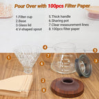 Coffee Pour Over 20.3oz 600ml High Borosilicate Glass Pour Over Coffee Maker Set Camping Travel with 100 Pcs V60 Cone Filter Paper Hand Brew Carafe Drip Suitable for Electric Ceramic Stove