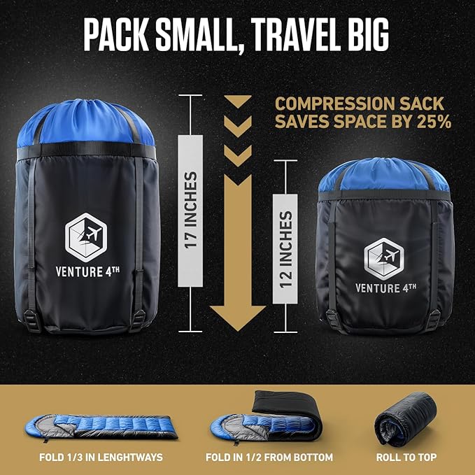 VENTURE 4TH Backpacking Sleeping Bag – XXL, Double and Single Sizes - Lightweight Warm & Cold Weather Sleeping Bags for Adults, Kids & Couples – Ideal for Hiking, Camping & Outdoor Adventures