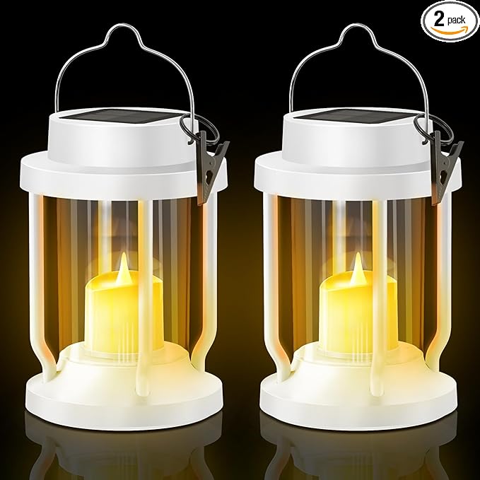 Solar Lantern Outdoor & Indoor Use – Hanging Solar Lights with Realistic Flickering Flameless Candle, Weatherproof for Gardens, Patios, Trees, and Lawns (White, 2 Pack)