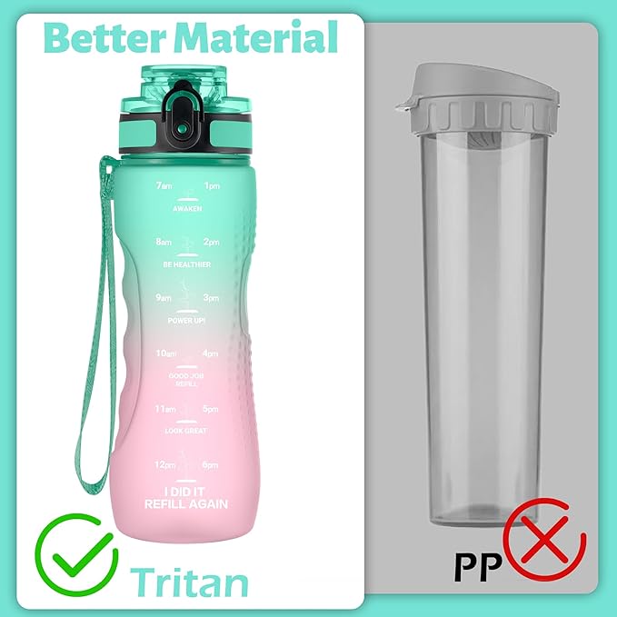 OLDLEY 25 oz Motivational Water Bottle, Sports Water Bottle with Strap, Leakproof BPA Free Large Water Bottles for School, Gym, Travel, Outdoor, Tritan, Green&Pink
