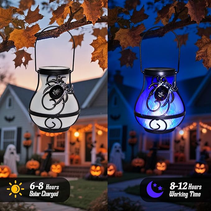 2 Pack Halloween Lights Outdoor Spider Hanging Solar Lantern Flickering Flame Lights Garden Patio Porch Halloween Party Decoration