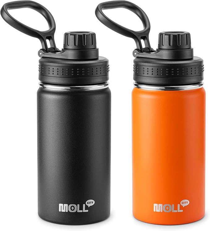 12 oz Water Bottle Stainless Steel Vacuum Insulated Wide Mouth Sports Flask, 2 Pack Water Bottle with Leakproof Spout Lid (Orange-Black)