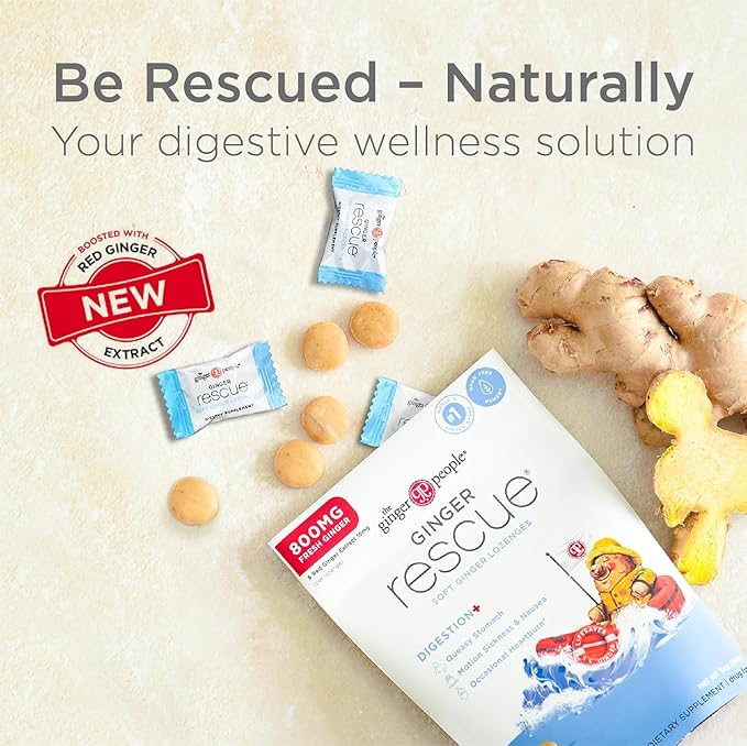 The Ginger People Ginger Rescue Digestive Wellness Lozenges (Soft) | Extra Strength - 800mg | Nausea, Upset Stomach, Motion Sickness, Mild Heartburn, Indigestion, 30 Count (Pack of 2)