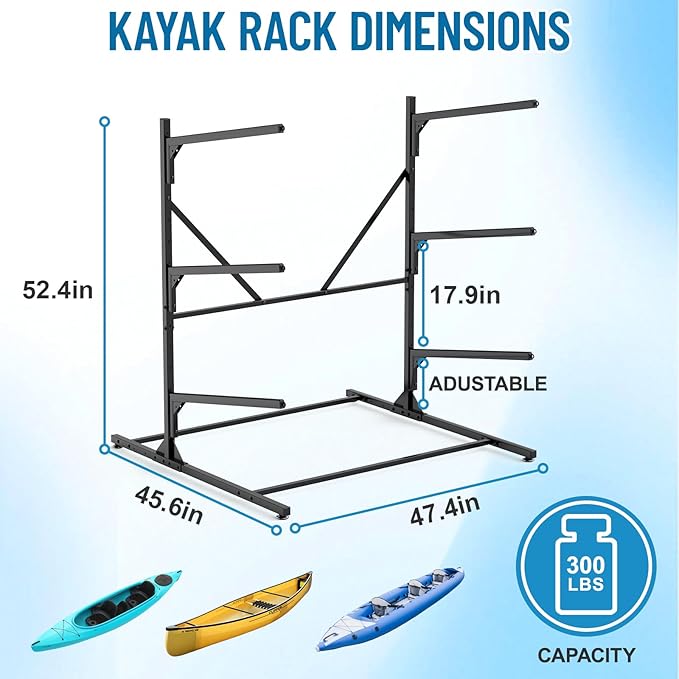 Kayak Storage Rack, Heavy Duty Freestanding Kayak Rack for Garage and Outdoor Storage, Kayak Stand Adjustable for Kayak, Canoe, Surfboard and Paddle Board