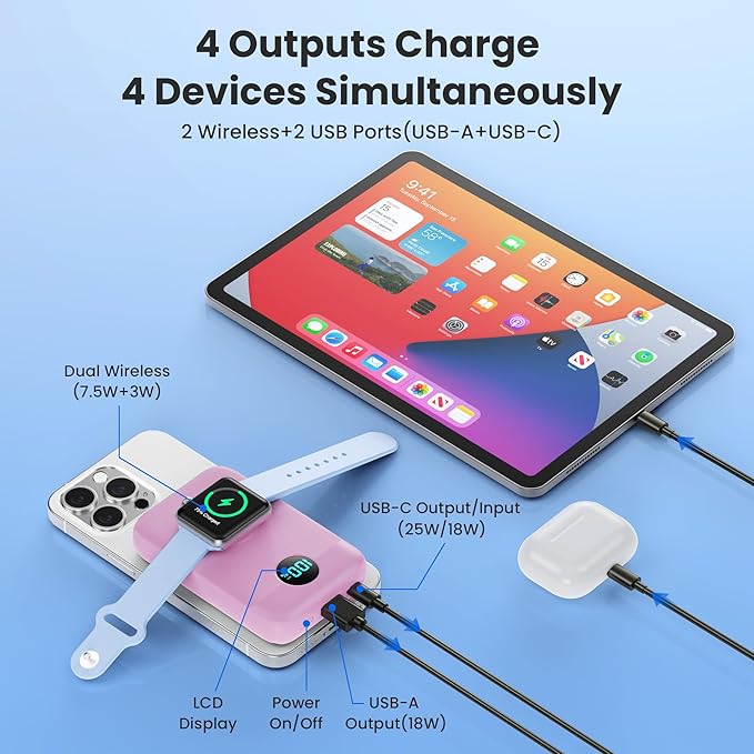 Magnetic Portable Charger for iPhone, 10800mAh 4-in-1 Wireless Power Bank with iWatch Charger, 25W PD Fast Charging Battery Pack for Magsafe, iPhone 16/15/14/13/12 Series, Apple Watch (Pink)