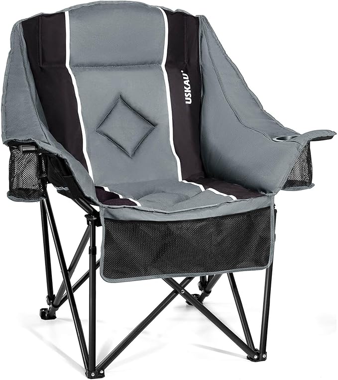 Oversized Camping Chair for Large Adults Heavy Duty 400 lbs Capacity, Comfortable Padded Folding Lawn Chair with Back & Headrest Support and Cup Holder, Portable Outdoor Chair with Carry Bag