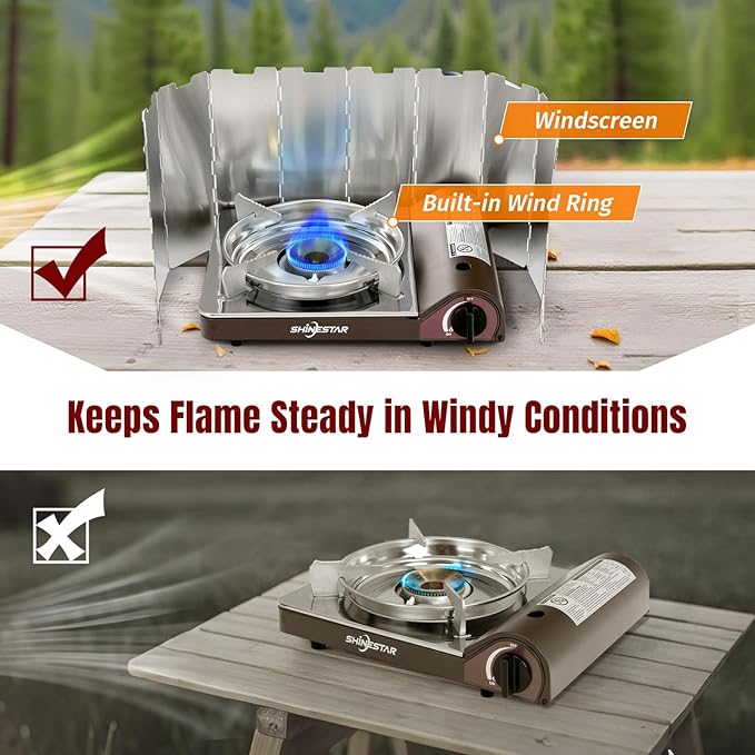 SHINESTAR 14000 BTU Butane Camping Stove, Double Wind-Guard Portable Stove for Outdoor Cooking, Carrying Case Included, Brown