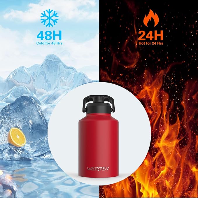 WATERSY 1 Gallon Water Bottle Insulated(Cold for 48 Hrs),BPA Free&Leak Proof,128oz Stainless Steel Water Jug,Big thermo,Large Water Bottle with Handle for Gym,Hiking,Camping&Travel,Red