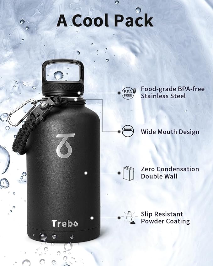 Trebo 64oz Water Bottle Insulated,Large Stainless Steel Water Jug with 3 Lids, Triple Wall Vacuum Sports Thermo bottle Keep Hot 24 Hours & Cold 48 Hours,Wide Mouth Flask,Black