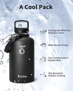 Trebo 64oz Water Bottle Insulated,Large Stainless Steel Water Jug with 3 Lids, Triple Wall Vacuum Sports Thermo bottle Keep Hot 24 Hours & Cold 48 Hours,Wide Mouth Flask,Black